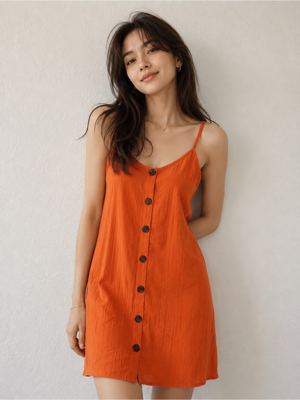 Orange Button-Front Spaghetti Strap Mini Dress